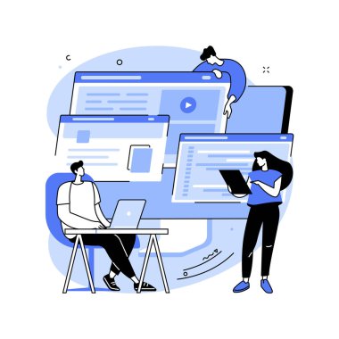 Web gelişimi soyut konsept vektör çizimi. Web sitesi mimarisi, web geliştirme şirketi, uygulama kodlaması, UI ve UX tasarımı, mobil uygulama konuşlandırması, programlama soyut metaforu.