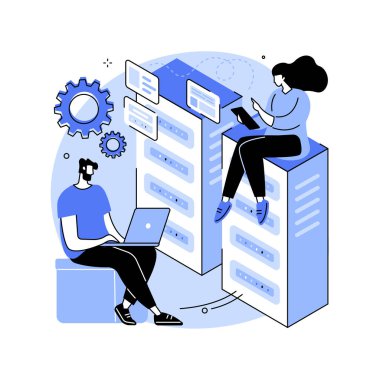 PHP ve MySql soyut konsept vektör çizimi geliştirme. Yazılım geliştirme şirketi, menü çubuğu ögesi, UI tasarımı, PHP ve MySql web sitesi geliştiricisi, programcı servisi soyut metafor.