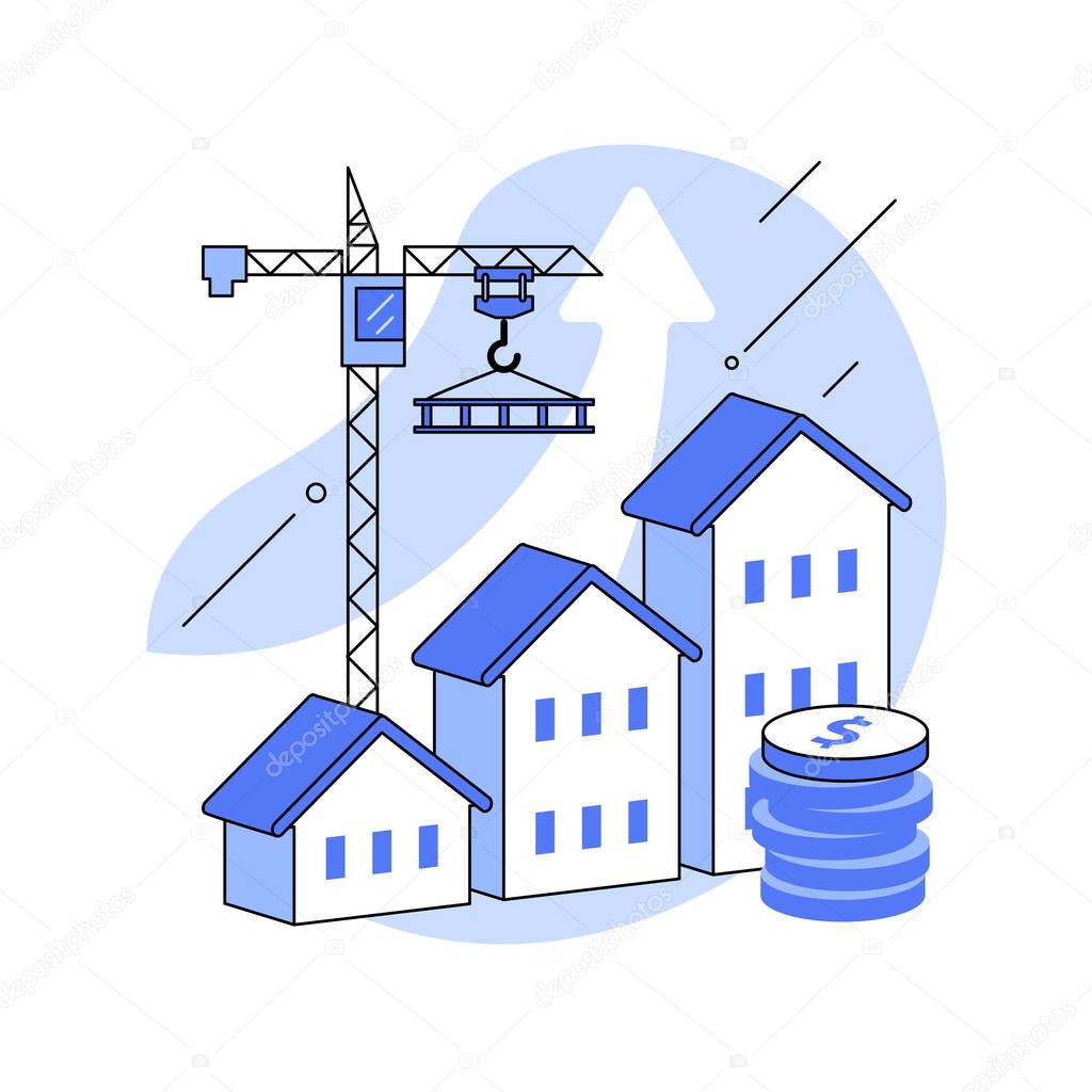 Property development abstract concept vector illustration. Real estate development, buying property, cranes on construction site, residential building, new house, investors team abstract metaphor.