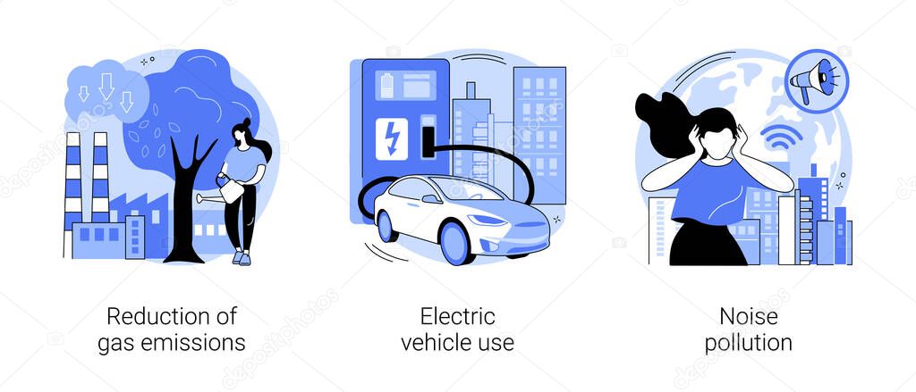 Urban environment abstract concept vector illustration set. Reduction of gas emissions, electric vehicle use, noise pollution, Co2 greenhouse gas, eco-friendly transportation abstract metaphor.