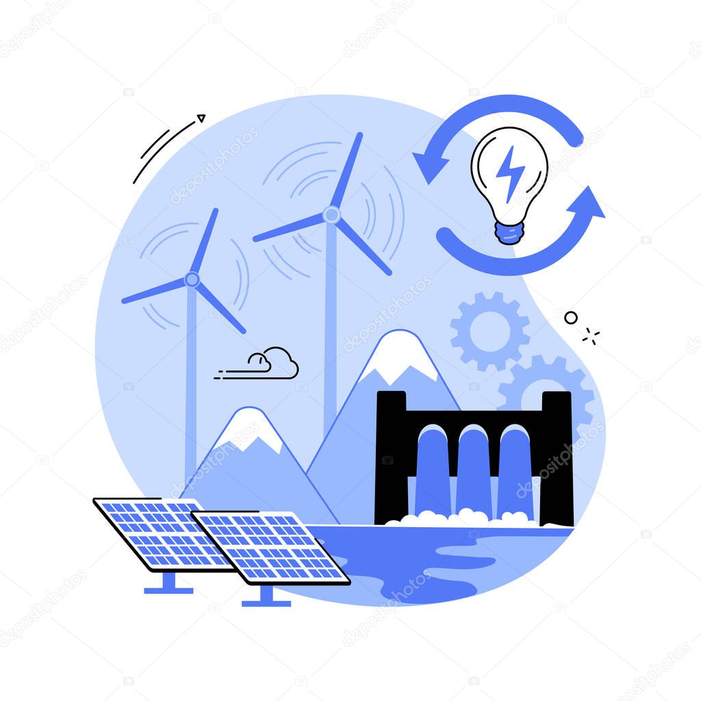 Sustainable energy abstract concept vector illustration. Future oriented, smart clean green energy, eco system, light bulb, renewable sources, wind turbine, solar panels abstract metaphor.