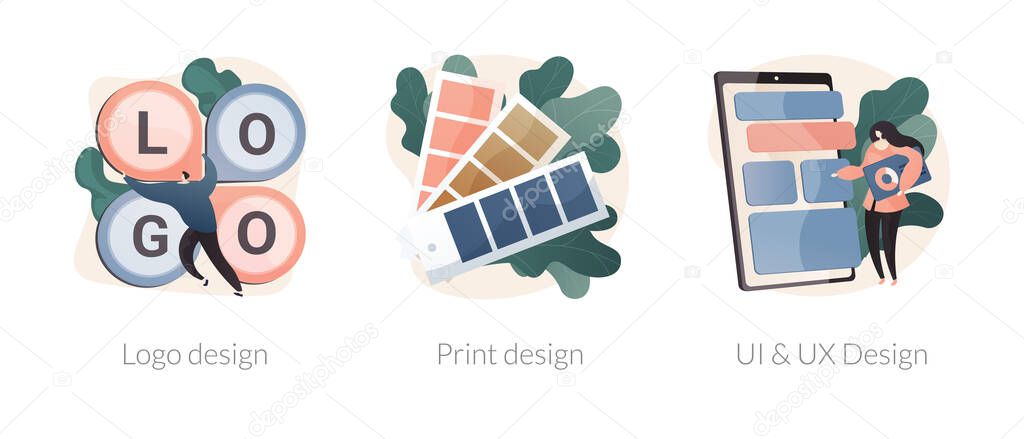 Design agency services abstract concept vector illustration set. Logo and print design, UI and UX, brand visual ID, business card, mobile app user interface and interaction abstract metaphor.