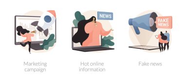 Sosyal ağ içeriği soyut konsept vektör çizimi seti. Pazarlama kampanyası, sıcak online bilgiler, sahte haberler, sosyal medyadaki hedef kitle, internette soyut metaforlar yaymak..