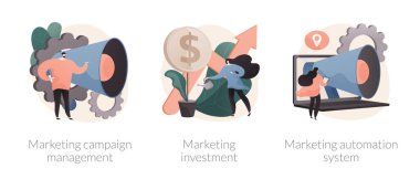 Pazarlama kampanyası yönetimi soyut konsept vektör illüstrasyonu seti. Yatırım ve sistem otomasyonu, izleme ve analiz, sosyal medya ölçümleri, online platform gösterge tablosu soyut metaforu.