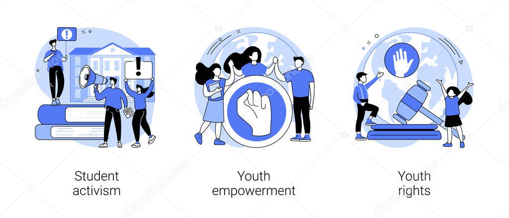 Social movement abstract concept vector illustration set. Student activism, youth empowerment, young people rights protection, age of majority, democracy building, take action abstract metaphor.