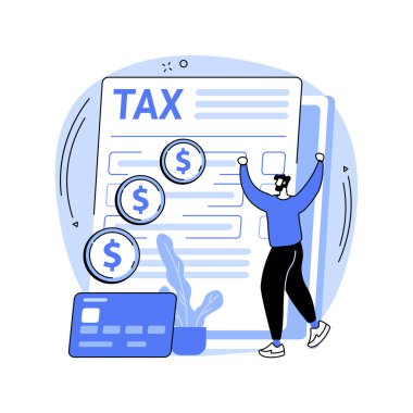 Vergi iadesi soyut konsept vektör çizimi. Para iadesi, çevrimiçi form doldurma, gelir beyanı, iş kârı ve bütçe planlaması, mali rapor, banka hesabı, soyut metafor.