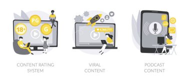 Medya ve TV içeriği soyut konsept vektör illüstrasyon seti. İçerik derecelendirme, viral içerik, podcast oluşturma, oyunlar ve uygulamalar, video üretimi, çekici pazarlama, eğlence soyut metaforu.