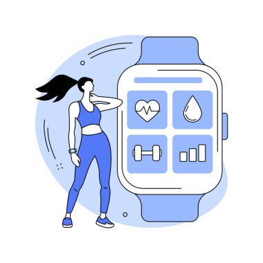 Spor ve spor takip cihazı soyut konsept vektör çizimi. Aktivite bandı, sağlık monitörü, bilek aşınmış cihaz, koşu, bisiklet ve günlük eğitim metaforu..
