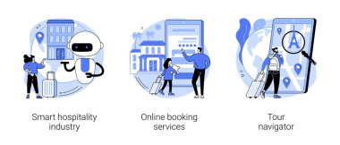 Trip planlama soyut konsept vektör çizimi seti. Akıllı konukseverlik endüstrisi, online rezervasyon hizmetleri, tur rehberi, tatil planlayıcısı, seyahat rehberi mobil uygulaması, bilet soyut metafor.