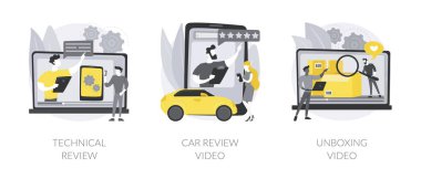 Video platform içeriği soyut konsept vektör illüstrasyon seti. Teknik inceleme, araba test sürüşü, boks videosu, blog monetizasyonu, vlog gönderme fikri, online otomobil reklamcılığı soyut metaforu.