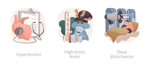 城市健康问题抽象概念向量图集 高血压 高压力 睡眠障碍 焦虑和抑郁 数字超负荷 失眠治疗 抽象隐喻 — 图库矢量图片