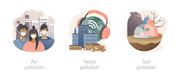 Ecological problem abstract concept vector illustration set. Air and noise pollution, soil contamination, urban smog, vehicle exhaust, global warming, land degradation, environment abstract metaphor.