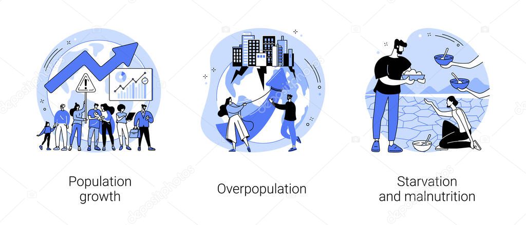 Demographics abstract concept vector illustration set. Population growth, overpopulation, starvation and malnutrition, human quantity growth, hunger and lack of food, urbanization abstract metaphor.