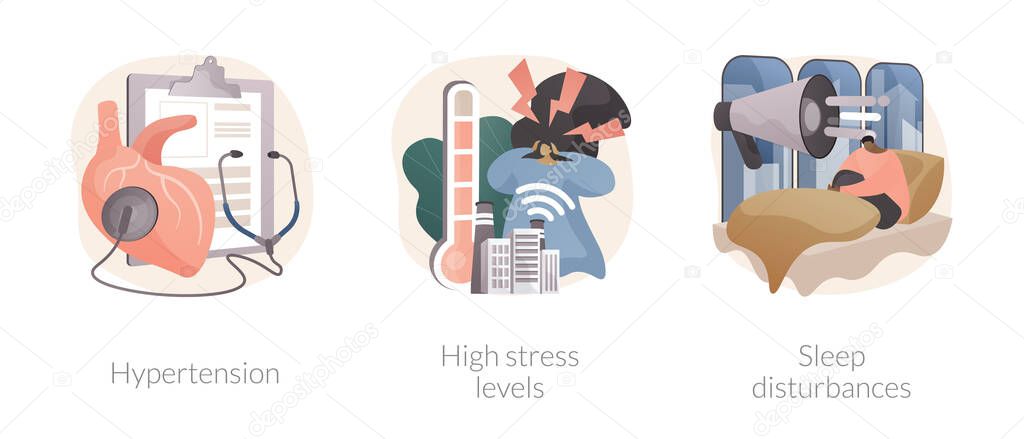 Urban health problems abstract concept vector illustration set. Hypertension, high stress levels, sleep disturbances, anxiety and depression, digital overload, insomnia treatment abstract metaphor.