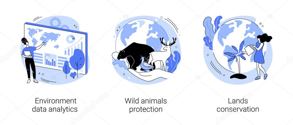 Earth observation abstract concept vector illustration set. Environment data analytics, wild animals protection, lands conservation, national park, wild forest, natural landscape abstract metaphor.