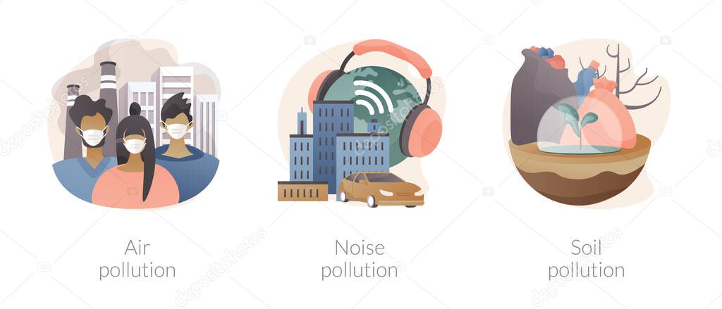 Ecological problem abstract concept vector illustration set. Air and noise pollution, soil contamination, urban smog, vehicle exhaust, global warming, land degradation, environment abstract metaphor.