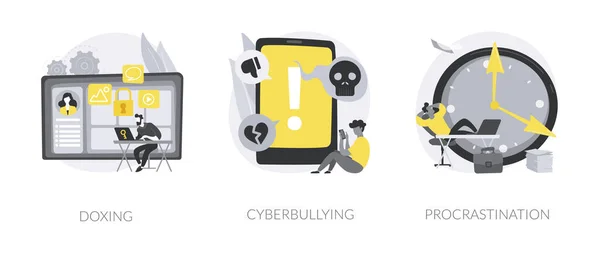 社会工程抽象概念矢量图集 网络欺凌 网络欺凌 负面评论 网络骚扰 职业倦怠 抽象隐喻 — 图库矢量图片