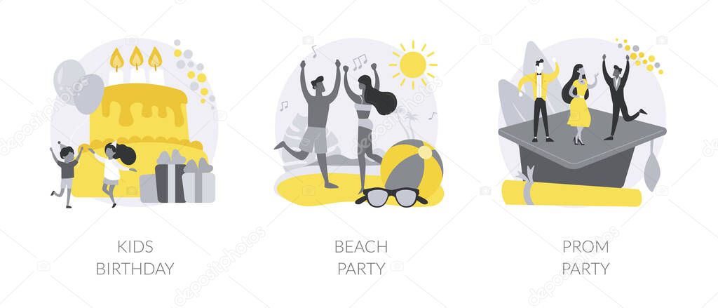 Party celebration abstract concept vector illustration set. Kids birthday, beach and prom party, having fun, open air summer event, graduation school ball dance floor, vacation abstract metaphor.