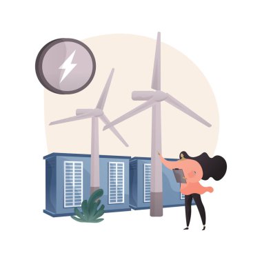 Rüzgar enerjisi soyut konsept vektör çizimi. Yenilenebilir enerji, yeşil elektrik, rüzgar türbini, güç jeneratörü, güneş panelleri, yenilenebilir kaynak, mühendis işçisi soyut metafor.