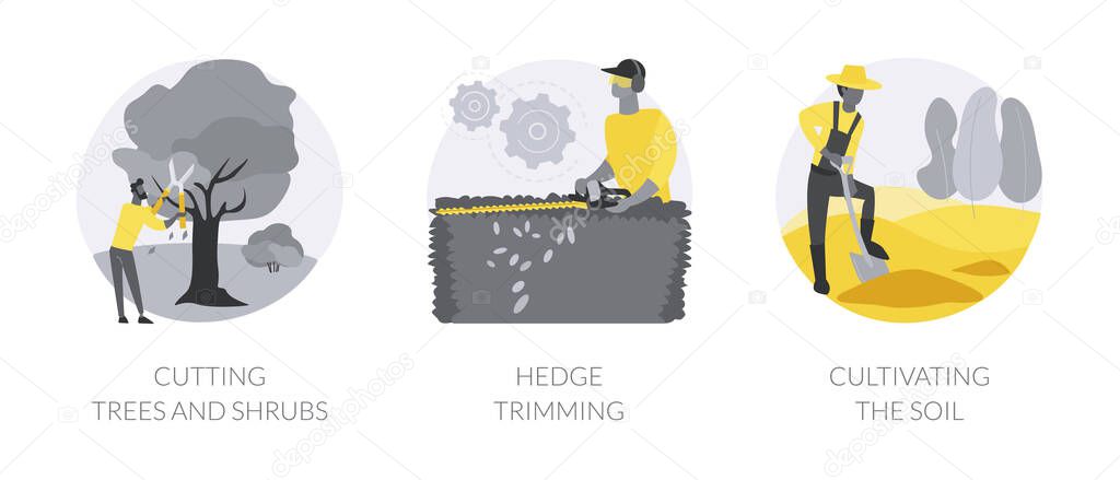 Landscape maintenance abstract concept vector illustration set. Cutting trees and shrubs, hedge trimming, cultivating soil, pruning dead wood, hedge clipper, tilling ground abstract metaphor.