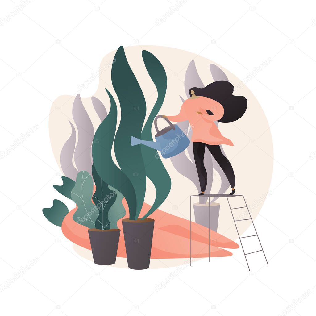 Home gardening abstract concept vector illustration. Growing you own vegetables indoors, watering flowers, eco gardening, reconnect with nature, stay home idea, seeds planting abstract metaphor.