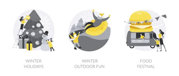 家族時間屋外抽象的な概念ベクトルイラストセット 冬の休日 屋外の楽しみ フードフェスティバル クリスマス前夜 新年のお祝い 雪だるまを構築し 雪合戦抽象的なメタファー — ストックベクタ