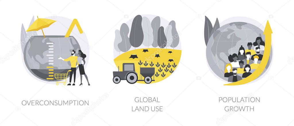 Global environmental data abstract concept vector illustration set. Overconsumption, global land use, population growth, overpopulation problem, consumer society, urbanization abstract metaphor.