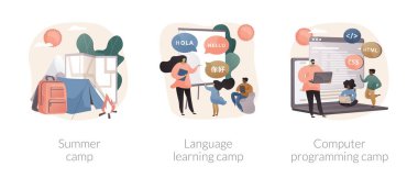 Yaz kampı soyut konsept vektör çizimi seti. Dil öğrenme kampı, bilgisayar programlama ve siber eğitim, ana İngilizce konuşmacı, mühendislik ve robotik yazılım soyut metaforu.