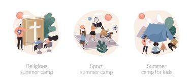 Aktif yaz mevsimi soyut konsept vektör çizimi seti. Dini yaz kampı, spor yaz kampı, sanal sanal program, yeni arkadaşlarla tanışma, izci kampı, soyut metaforları sosyalleştirme..