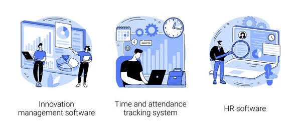 企业管理抽象概念向量图集 创新管理软件 考勤跟踪系统 人力资源软件 工作时间跟踪器 发薪系统抽象隐喻 — 图库矢量图片