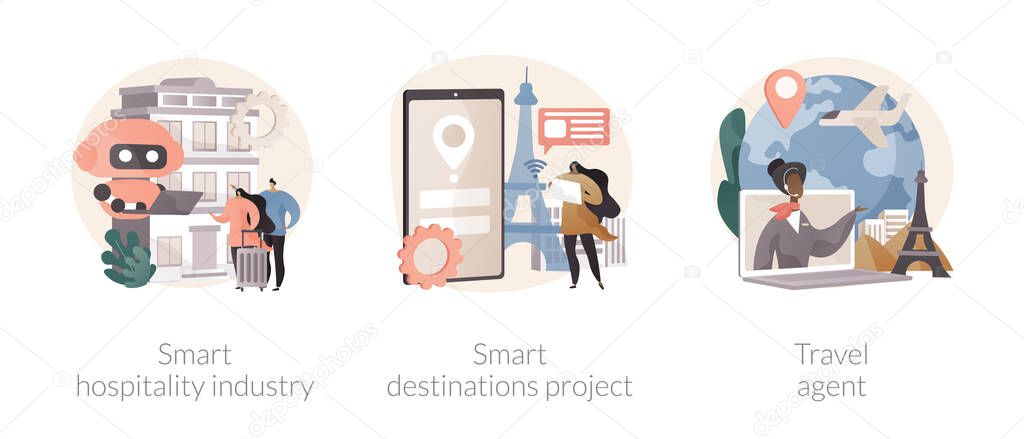 Modern travelling abstract concept vector illustration set. Smart hospitality industry, multimedia city tags, digital destinations project, travel agent, hotel booking online abstract metaphor.