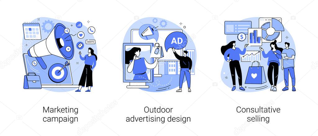 Product promotion abstract concept vector illustration set. Marketing campaign, outdoor advertising design, consultative selling, brand communication, retail banner, salesman abstract metaphor.