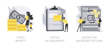 Gelir yılı soyut konsept vektör çizimi seti. Çocuk yardımı, değerlendirme bildirimi, gelir vergisi ve yardım geri dönüşü, bakım masrafları, evrak toplama, sosyal zenginlik soyut metaforu.