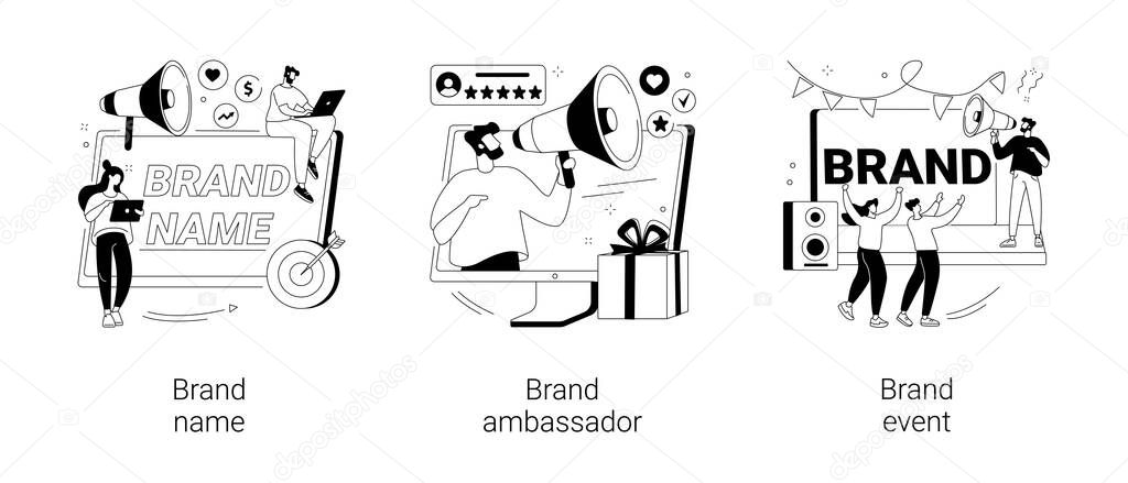 Business reputation building abstract concept vector illustration set. Brand name, brand event ambassador, naming agency, trademark media figure, public relation, sponsored event abstract metaphor.