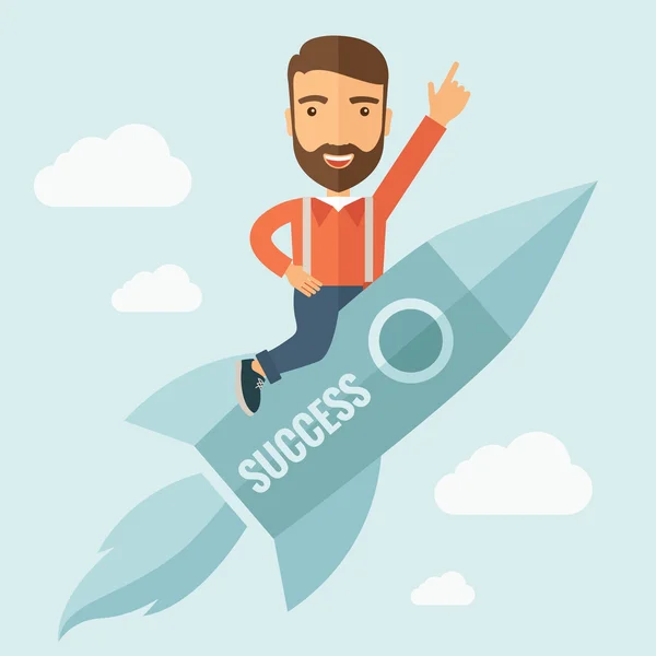 Successful Man Flying with a Rocket — Stock Vector