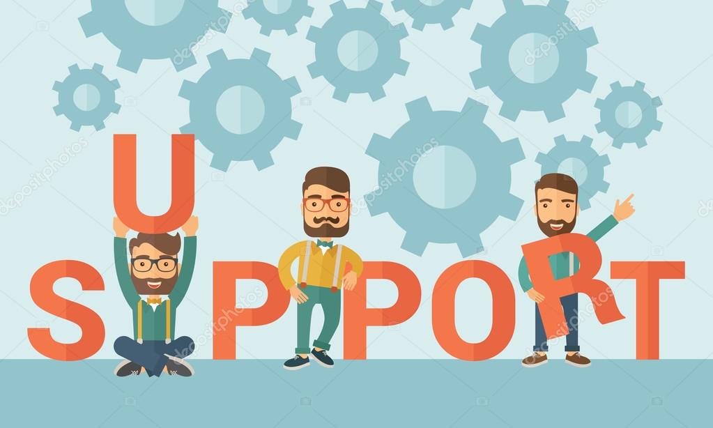 Three hipster Caucasian businessmen with beard holding a letter, it is a support message they need help from others. Teamwork concept. A contemporary style with pastel palette soft blue tinted
