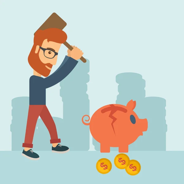 Man breaking piggy bank — Stock Vector