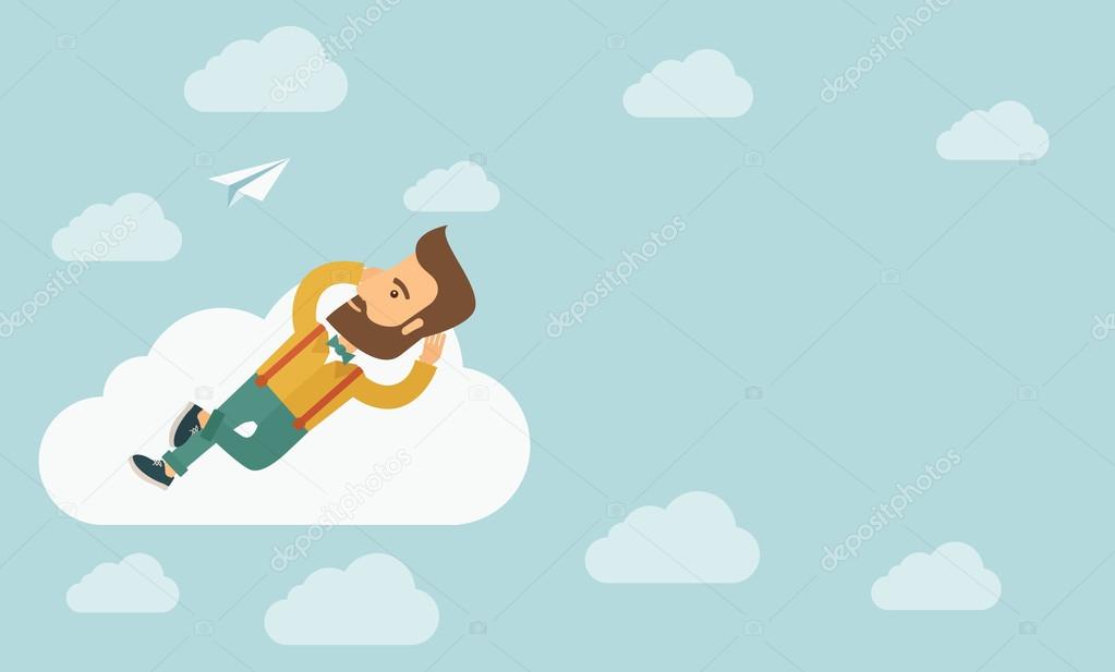 Beard man lying on a cloud
