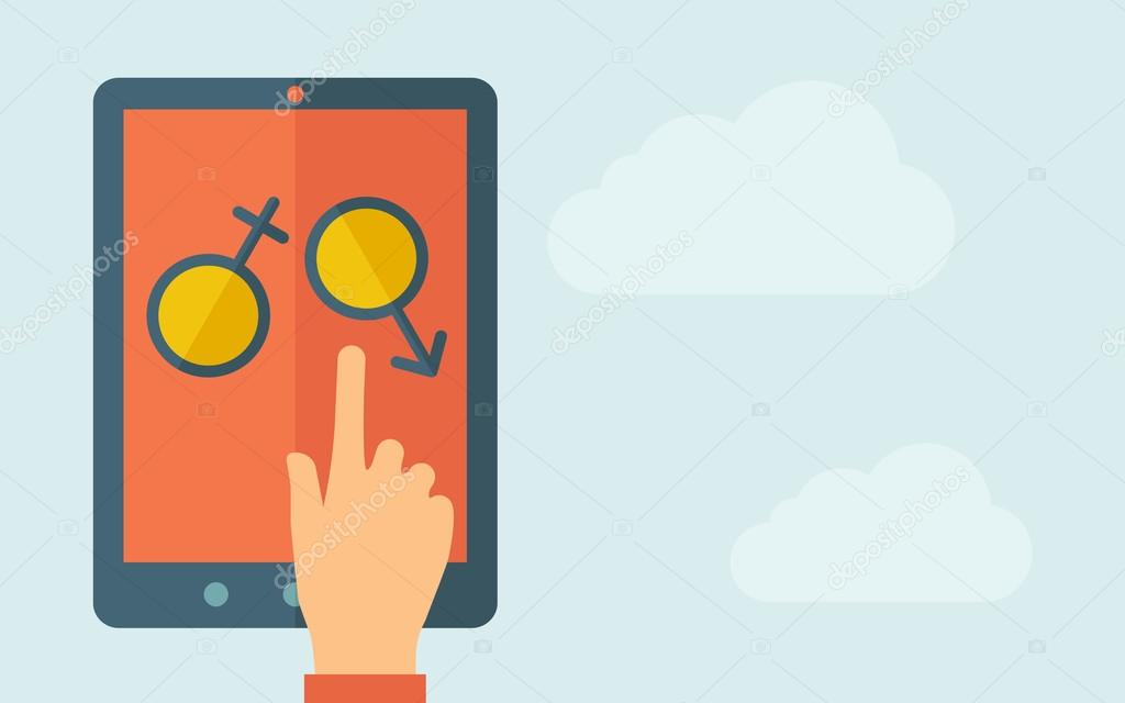 A hand is touching the screen of a tablet with female and male  icon. A contemporary style with pastel palette, light blue cloudy sky background. Vector flat design illustration. Horizontal layout