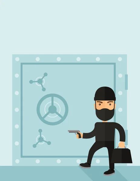Hombre en negro hacking caja fuerte del banco . — Archivo Imágenes Vectoriales