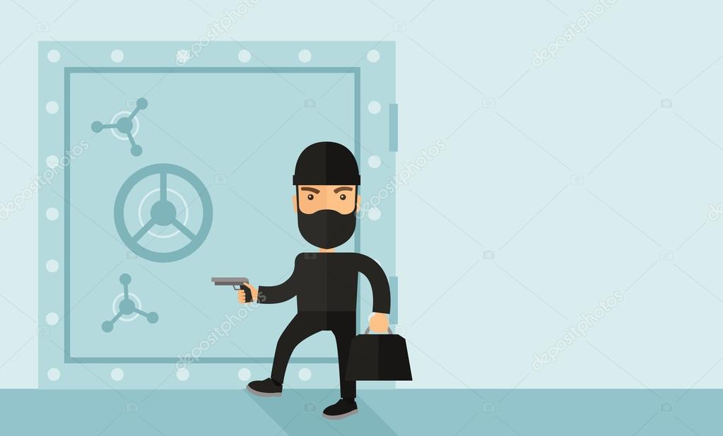 Man in black hacking bank safe.