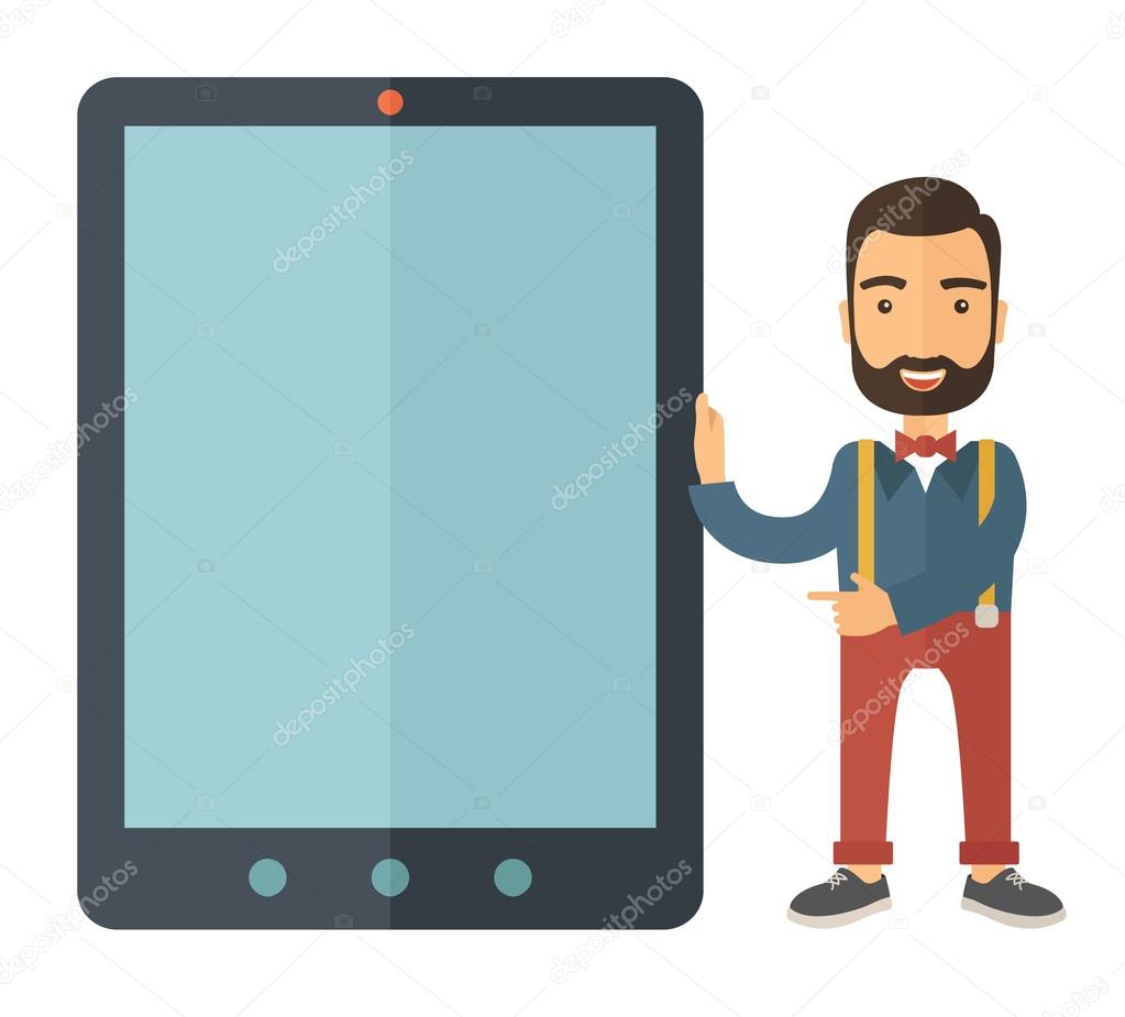 Man with big screen tablet.