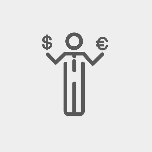 Homme d'affaires détenant l'icône de ligne mince Euro et dollar américain — Image vectorielle
