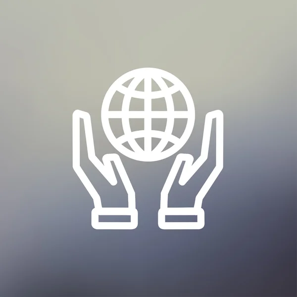Deux mains tenant globe mince ligne icône — Image vectorielle