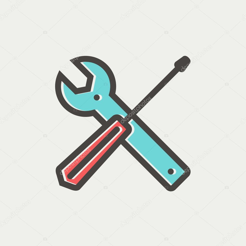 Screw driver and wrench tools thin line icon