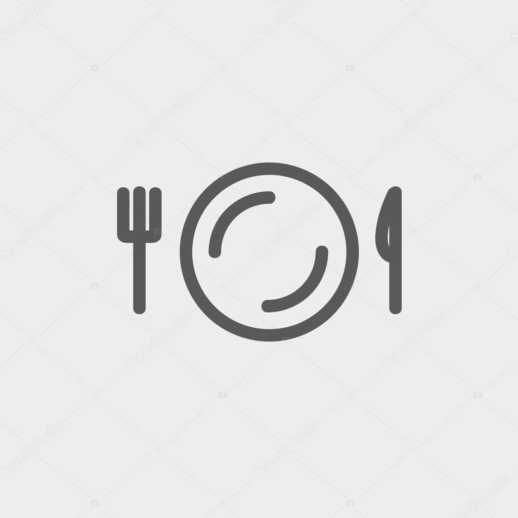 Plate, knife and fork thin line icon