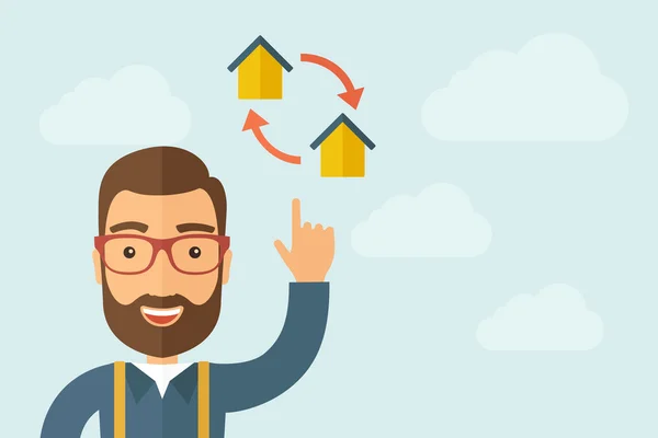 Man pointing the two houses icon — Stock Vector