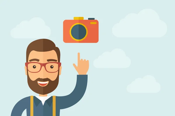 Man pointing the camera icon — Stock Vector