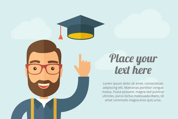 Man pointing the graduation cap icon Vector Graphics