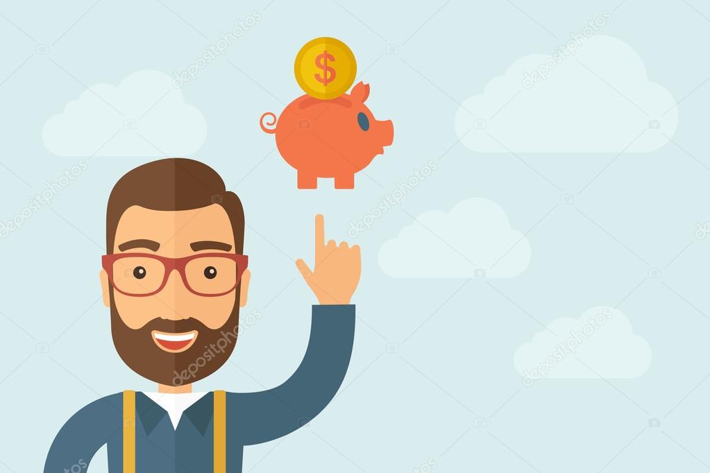 Man pointing the piggy bank icon